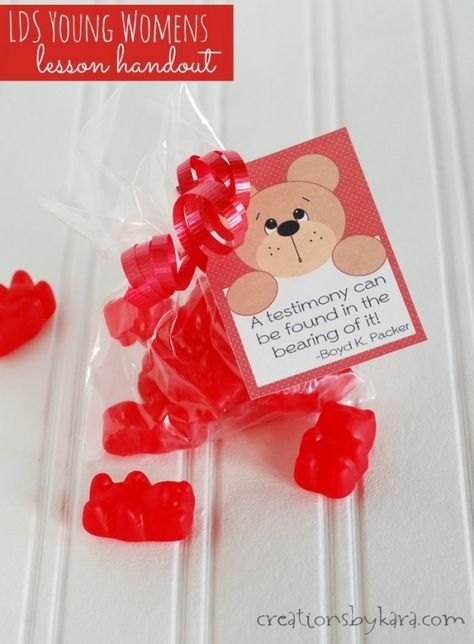 LDS YW Bearing Testimony Handout -so cute! Could also work with gummy bears or teddy grahams. Girls Camp Handouts, Testimony Quotes, Yw Handouts, Lds Handouts, Lds Yw, Lds Lessons, Activity Day Girls, Yw Activities, Lds Young Women