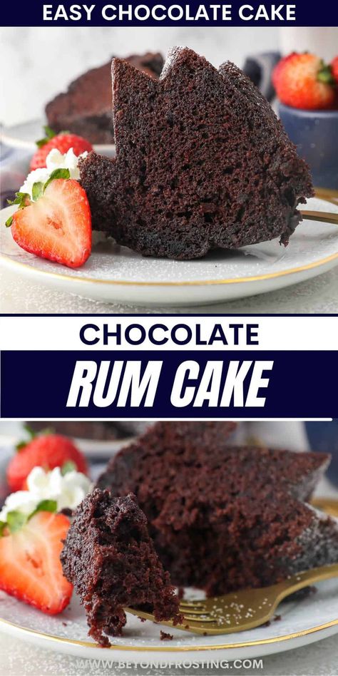 Chocolate Rum Cake is a boozy chocolate cake recipe infused with fudgy flavor and heady notes of spiced rum. Perfect for the holidays! Chocolate Rum Cake Recipe, Rum Cake Easy, Rum Cake Recipe From Scratch, Rum Desserts, Rum Syrup, Chocolate Rum Cake, Dense Cake, Easy Chocolate Cake Recipe, Cake Recipe From Scratch