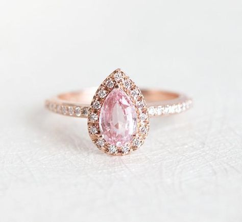 Pear Sapphire Ring, Rose Gold Peach Sapphire Engagement ring with Halo Diamond Setting by Minimalvs Pear Sapphire Ring, Peach Sapphire Rings, Peach Sapphire Engagement Ring, Pink Engagement Ring, Peach Sapphire, Ring Halo, Wedding Rings Halo, Pink Sapphire Ring, Beautiful Engagement Rings