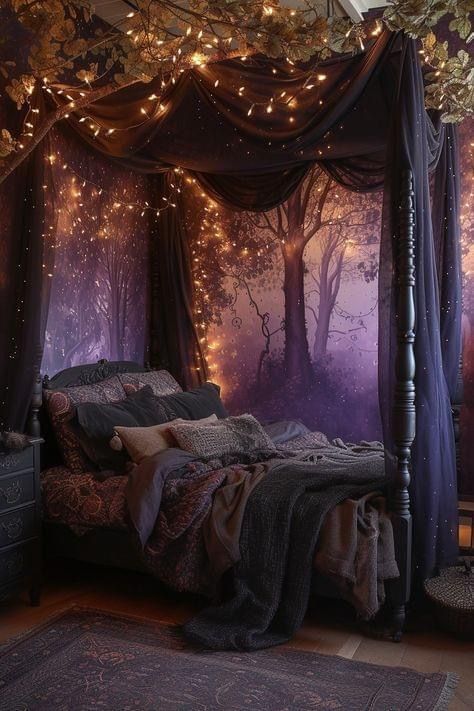 Green Witch Room Aesthetic, Dark Boho Bedroom Aesthetic, Purple Fairy Bedroom, Purple Witchy Room Aesthetic, Purple Gothic Bedroom, Purple And Black Gothic Bedroom, Whimsigothic Home Bedroom Purple, Purple Bedroom Aesthetic, Boho Witchy Bedroom