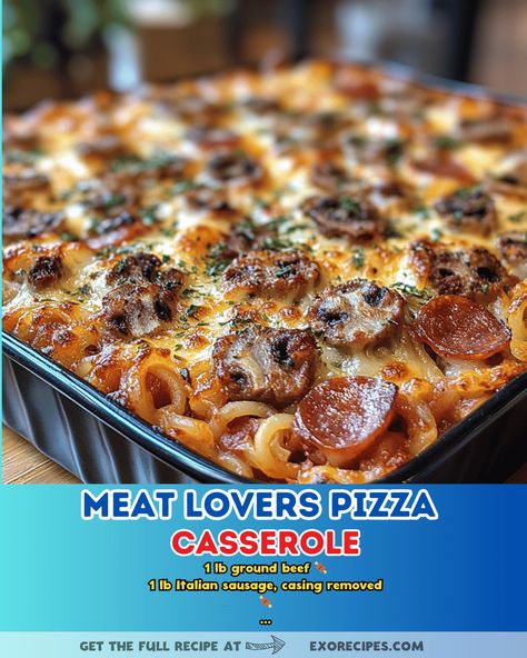 Craving a delicious and easy dinner idea? Try this Meat Lovers Pizza Casserole recipe that is sure to satisfy your taste buds! Packed with all your favorite pizza toppings, this casserole is the perfect weeknight meal. #meatloverspizza #casserolerecipe #easydinner #pizzarecipe #familymeal Meatball Pizza Casserole, Pizza Hotdish Casseroles, Pizza Bake Casserole, Mexican Pizza Casserole, Pizza Hotdish, Meat Lovers Pizza Casserole, Pepperoni Pizza Casserole, Pizza Casserole Recipe, Ravioli Casserole