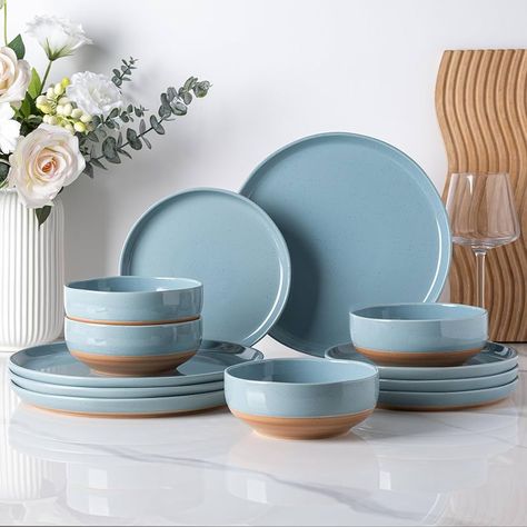 Amazon.com | AmorArc Ceramic Dinnerware Sets for 4, 12 Pieces Handpainted Plates and Bowls Set with Rustic Terracotta Underside, Scratch Resistant Stoneware Dishes Set, Dishwasher & Microwave Safe, Gray: Dinnerware Sets Blue Ceramic Plates, Speckle Glaze, Clay Making, Plates And Bowls Set, Ceramic Dinnerware Set, Beige Stone, Stoneware Dishes, Pottery Dishes, Ceramic Dinnerware