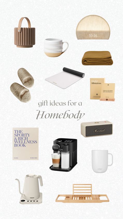 gift ideas for a homebody, essentials, must haves: diffuser, mug, affirmation cards, yoga mat, slippers, coffee machine, speakers, bathtub caddy, digital kettle, rich & sporty book, hatch alarm clock, blanket. Homebody Essentials, Hatch Alarm, Homebody Aesthetic, Wishlist Aesthetic, Grab Bag Gifts, Healing Era, Bathtub Caddy, Christmas Ideas Gifts, Gift Guide Women