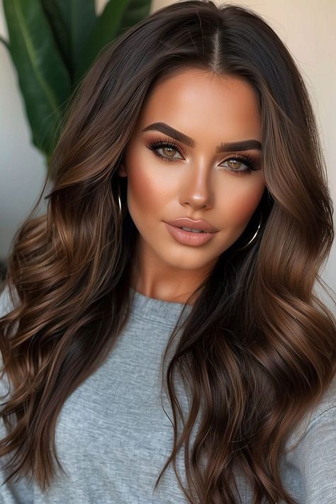 Hair Ideas Tan Skin, Dark Brown With Caramel Lowlights, Sable Brown Hair Color, Highlights For Olive Skin Tone Brunettes, Choc Brown Hair With Caramel Highlights, Warm Summer Brunette Hair, Summer Hair Color For Brown Skin Latina, Chocolate Tone Hair, Pretty Brunette Hair Color