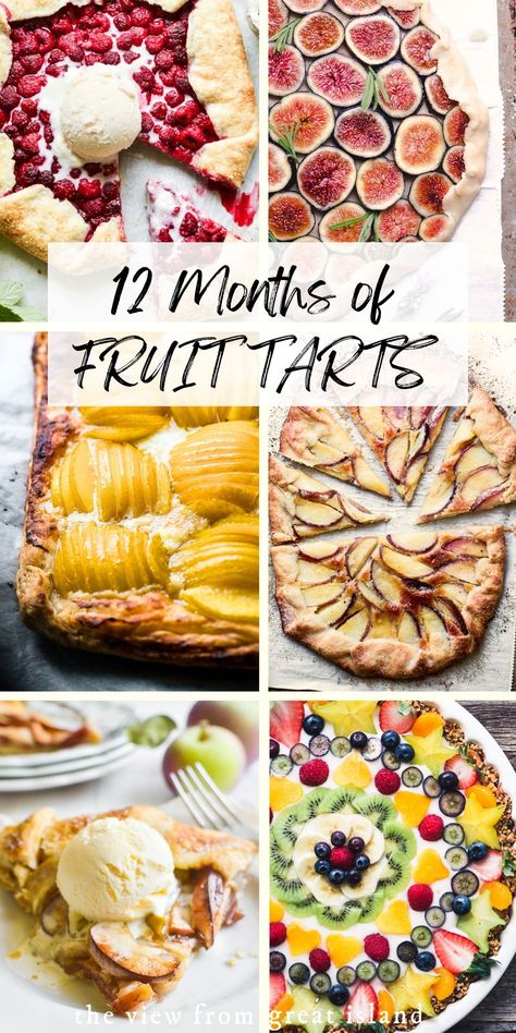 A Year of Fruit Tarts ~ 12 gorgeous recipes ~ there's a fresh fruit dessert for every month of the year. #tart #fruittart #nobake #glutenfree #dessert #apple #rhubarb #kiwi #fruit #vegan #healthy #nobake #plum #applerose #fig #pear #citrus #recipe #easy #winter #crust #rustic #custard #filling #fresh German Fruit Tart, Fruit Tart Glaze Recipe, Thanksgiving Fruit Tart, Fall Tarts Desserts, Fruit Tarts Recipe Dessert, Desserts With Fruits, Fruit Tart Recipes, Portuguese Tart, Fruit Tart Glaze