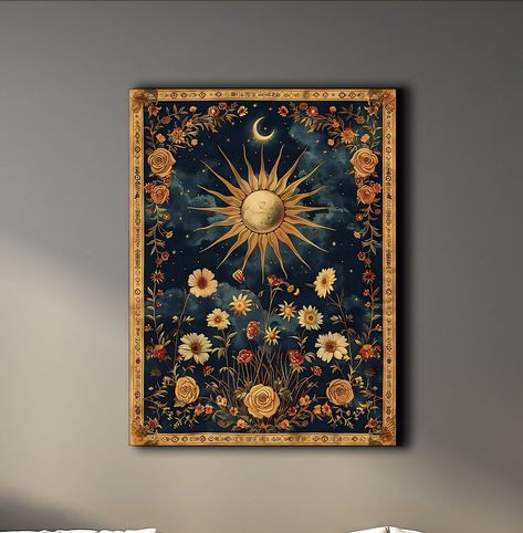 Step into a whimsical world with our Sun Moon & Wildflowers Canvas Print. This vintage-inspired floral watercolor painting brings the beauty of nature to your home. Bask in the golden rays of the sun, while the crescent moon casts its gentle glow.  Adorn your walls with celestial charm and let the wildflowers bloom eternally. With each brushstroke, this artwork captures the essence of tranquility and wonder. Embrace the magic of the cosmos and infuse your space with warmth and serenity. Perfect Aesthetic Vintage Painting Ideas, Moon And Flower Painting, Celestial Living Room Decor, Sun And Moon Bedroom Theme, Celestial Living Room, Vintage Moon Art, Sun And Moon Decor, Celestial Painting, Trending Wall Art