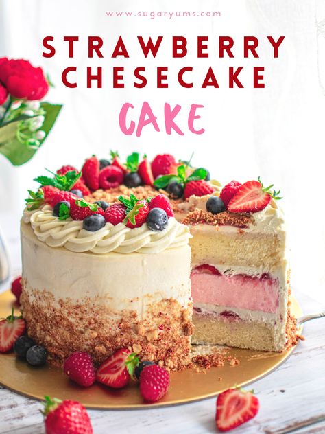 2 in 1 strawberry cheesecake cake made with a moist vanilla cake, no-bake strawberry cheesecake, cream cheese frosting and crunchy crumbles. Cheesecake Cream Cheese, Strawberry Cheesecake Cake, Cheesecake Cream, Cheesecake Cake Recipes, Moist Vanilla Cake, Baking Desserts, Fun Baking, Cheesecake Cake, Baked Strawberries