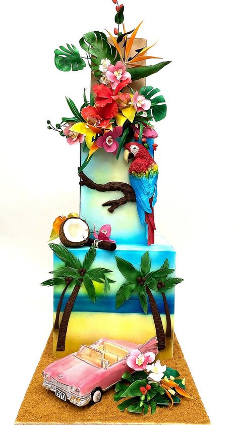 Tropic Cake, Hawaiian Birthday Cakes, Tropical Birthday Cake, Havana Nights Party Theme, Beach Birthday Cake, Flamingo Cake Topper, Hawaiian Cake, Boat Cake, Pool Party Cakes