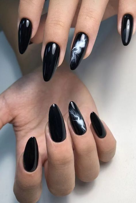 Top 28 Black Almond Nail Designs 2024: Elegance Meets Edgy Art Black Almond Nail Designs, Flash Nails, Almond Nail Designs, Edgy Art, Black Almond Nails, August Nails, Natural Nail Designs, Matte Black Nails, Romantic Nails