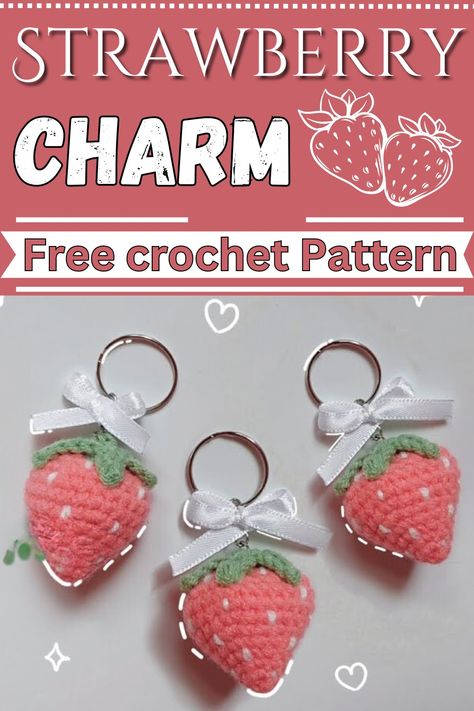 Crochet Strawberry Amigurumi Pattern For Spring Charm Crochet Projects Strawberry, Mushroom Crochet Keychain Pattern, Crochet Keychain Easy Patterns, Free Crochet Pattern Strawberry, Crochet Ideas Strawberry, Amigurumi Keychain Ideas, Crochet Strawberry Keychain Pattern, Crochet Strawberry Keychain Pattern Free, Crochet Keychain Strawberry