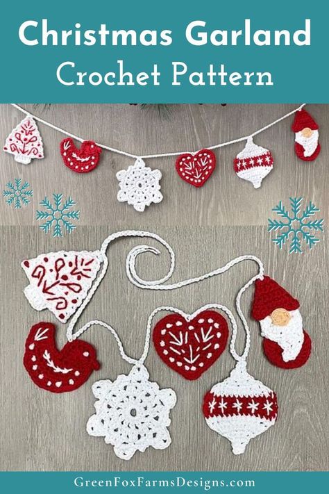 Crochet Christmas Garland Pattern Christmas Bunting Ideas, Crochet Christmas Ornaments Patterns, Crochet Snowflake Garland, Garland Crochet Pattern, Crochet Christmas Garland, Scandinavian Christmas Ornaments, Garland Crochet, Holiday Crochet Patterns, Christmas Ornaments Patterns