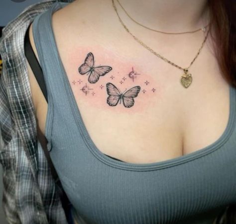 Chest Tattoos Girls, Butterfly Tattoo On Chest For Women, Butterfly On Chest Tattoo, Baddie Tats On Thigh, Thigh Tattoo Butterfly, Small Chest Tattoo Female Upper, Flower Tattoo On Chest, Butterfly Chest Tattoo Female, Girl Chest Tattoo