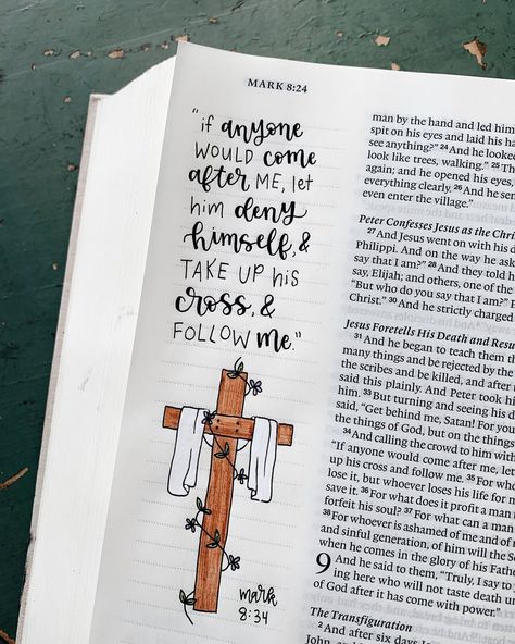 Emma's Bible Journaling on Instagram: ““And calling the crowd to him with his disciples, he said to them, “If anyone would come after me, let him deny himself and take up his…” Journal Bible Quotes, Bible Journal Notebooks, Bible Doodling, Inspire Bible Journaling, Bible Study Notebook, Bible Study Lessons, Bible Study Verses, Bible Motivation, Christian Bible Quotes