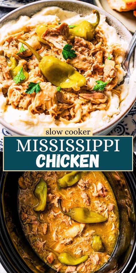 Mississippi chicken is an easy crock pot recipe with juicy chicken shredded in savory pepperoncini ranch sauce. Make it with 5 ingredients! #crockpot #mississippichicken #chickendinner Mississippi Chicken Slow Cooker, Mississippi Chicken, Chicken Cooker, Chicken Slow Cooker, Chicken Easy, Slow Cooker Recipe, Crockpot Dishes, Crockpot Cooking, Slow Cooker Meals