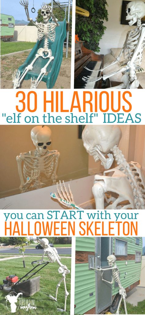 30 Hilarious "elf on the shelf" IDEAS you can start with your Halloween Skeleton - How cool is this?! Strašidelný Halloween, Scary Halloween Decorations Outdoor, Uhyggelig Halloween, Halloween Outside, Fairy Halloween Costumes, Party Playlist, Halloween Yard Decorations, Scary Halloween Decorations, Halloween Party Supplies