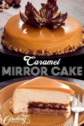 Gourmet Dessert Ideas, Professional Desserts Recipes, Caramel Mirror Glaze, Cake Mirror, Cake Glaze, Mirror Glaze Recipe, Walnut Caramel, Entremet Recipe, Mirror Glaze Cake Recipes