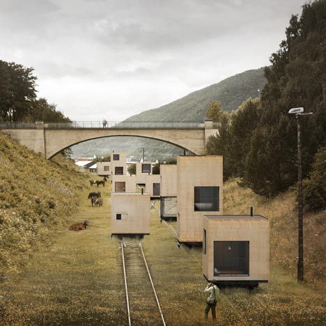 Buildings roll through the city on railway tracks in this masterplan by Swedish architects Jagnefalt Milton for Åndalsnes in Norway. Called A Rolling Masterplan, the design was created for a competition to design a masterplan for the city. Jagnefalt Milton's scheme would use both existing and new railway tracks to move buildings around according to the Cedric Price, Swedish Architecture, Mobile Architecture, Architecture Collection, Abandoned Train, Modern Hotel, Trondheim, Architecture Office, Cool Ideas