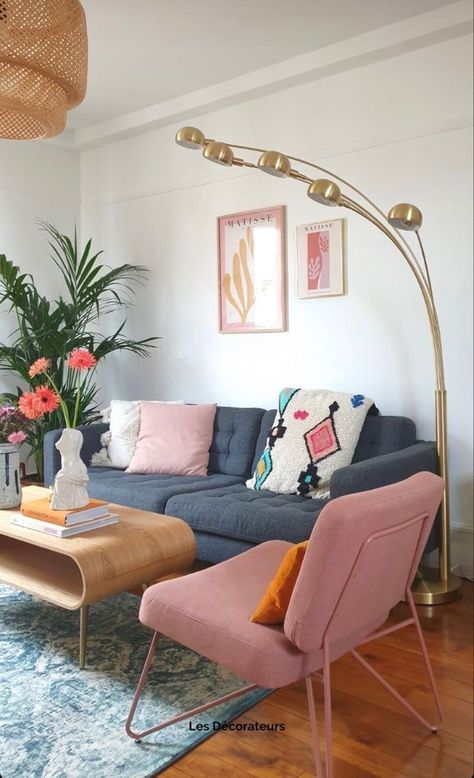 Minimalist Home With Pops Of Color, Living Room Decor Pastel, Colorful Eclectic Minimalist Decor, Pastel And Grey Living Room, Colourful Living Room Grey Couch, Grey Couch Eclectic Living Room, Pastel Lounge Room, Pastel Eclectic Living Room, Bright Minimalist Living Room