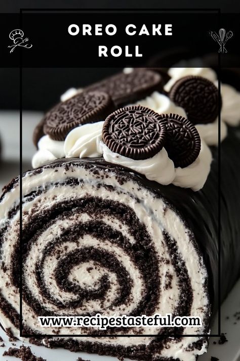 This Oreo Cake Roll combines the rich flavor of cookies and cream in a stunning rolled cake. Perfect for Oreo lovers, it's a delightful treat that will impress everyone! Oreo Cake Roll, Oreo Roll, Roulade Cake, Rolled Cake, Cocoa Powder Cookies, Cake Roll Recipes, Chocolate Oreos, Oreo Dessert, Oreo Cake