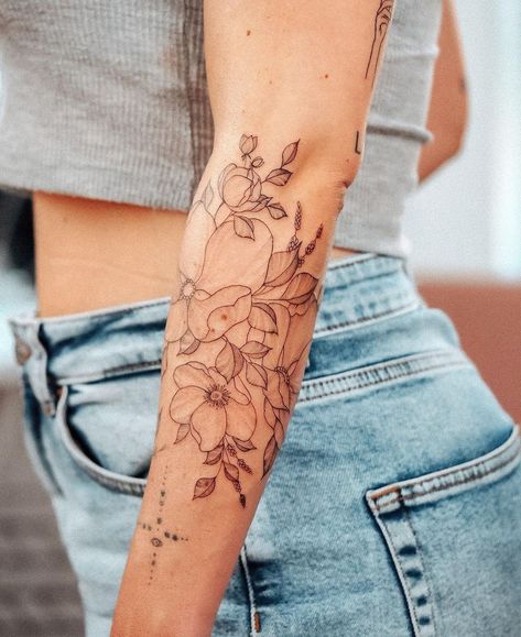 Bunami Ink, Dainty Flower Tattoos, Floral Arm Tattoo, Forearm Flower Tattoo, Wrap Tattoo, Band Tattoos, Feminine Tattoo Sleeves, Wildflower Tattoo, Forearm Sleeve Tattoos