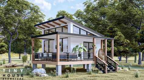 Exterior Tiny Home Inspiration Small House With Sunroom, Prefab Farmhouse, Homes On Stilts, Second Floor Master Suite, Home On Stilts, Tiny Cabins Interiors, Stilt House Plans, Mini Chalet, Modern Tiny Home