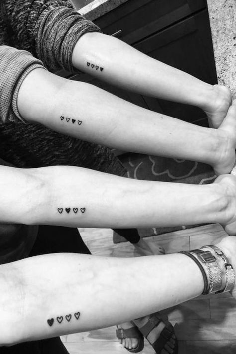 Heart Sister Tattoos For 3, Sister Tattoos For Four, Four Friends Tatoos, 4 Part Matching Tattoo, Small Heart Sister Tattoos, Sisters Friends Tattoo, Sister Hearts Tattoo, Sibling Tattoos Hearts, Heart Tattoos For Family