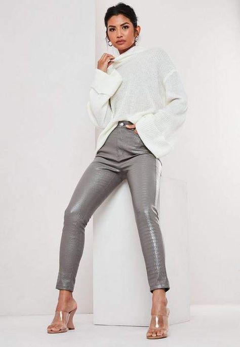 Grey Leather Pants, Leather Trousers Outfit, Ladies Pants, Leather Pants Outfit, Shiny Pants, Work Clothing, Leather Pant, Slim Trousers, How To Hem Pants