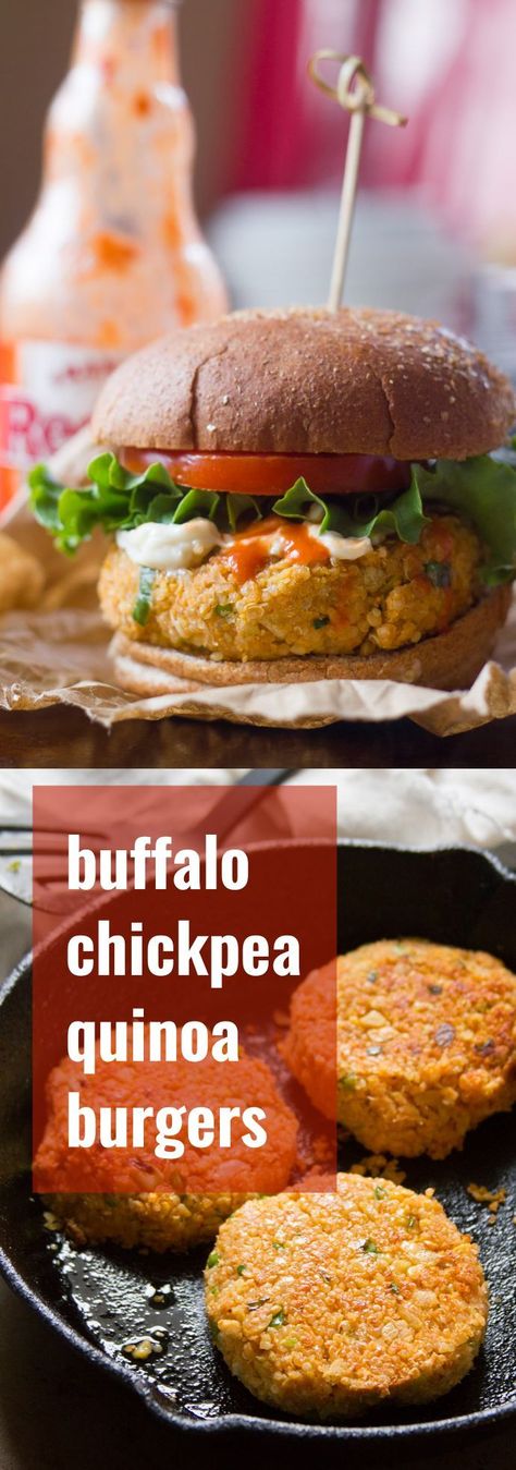 These spicy vegan Buffalo burgers are made with a hearty mix of chickpeas and quinoa that's spiked with kicky Buffalo sauce. Chickpea Quinoa, Buffalo Chickpea, Chickpea Burgers, Quinoa Burger, Buffalo Burgers, Quinoa Burgers, Veg Dishes, Veggie Burgers, Vegan Burger