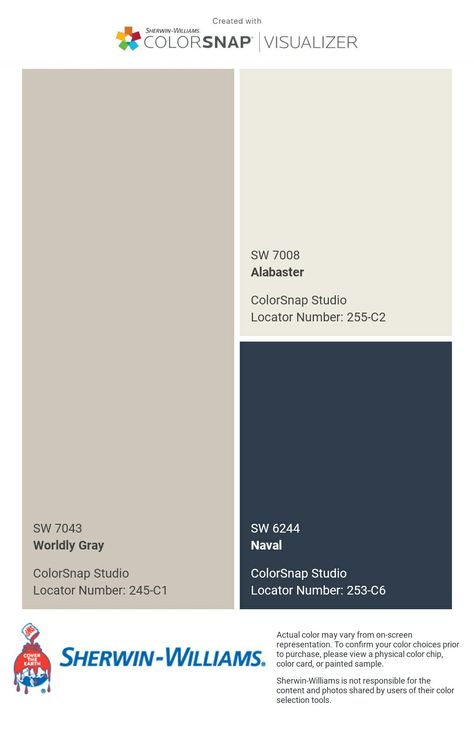 Colors To Go With Navy Blue, Sherwin Williams Alabaster Color Palette, Alabaster Color Palette, Navy Blue Furniture, Navy Blue Paint, Sherwin Williams Color Palette, Alabaster Color, Navy Living Rooms, Wall Color Combination