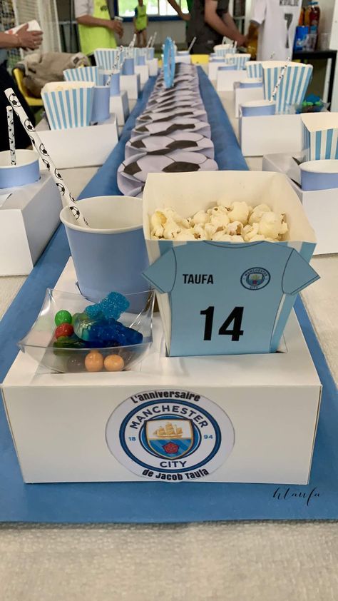 Man City Birthday Theme, Manchester City Party Ideas, Soccer Bday Party Ideas, Manchester City Birthday Party, Soccer Birthday Party Ideas, Funny Cakes, Soccer Birthday Party, City Party, City Cake