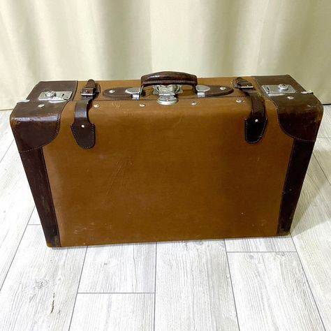 Excited to share this item from my #etsy shop: 27" Brown Antique Leather Old Suitcase | Vintage Decoration Hard Suitcase | Large Old Travel Case | Retro Travel Luggage Primitive Suitcase Suit Cases Travel, Vintage Brown Luggage For Trips, 60s Film, Vintage Brown Leather Bag With Luggage Sleeve, Abandoned Office, Big Suitcases, 80s Suitcase, Suitcase Vintage, Home Song