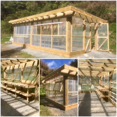 Reclaimed Greenhouse Diy, Wind Break Garden, Greenhouse Using Pallets, Slant Roof Greenhouse, Wood And Glass Greenhouse, Roof Greenhouse, Recycled Window Lean To Greenhouse, Outsunny Greenhouse Ideas, Simple Greenhouse