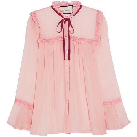 Gucci Lace-trimmed crinkled silk-chiffon blouse ($1,060) ❤ liked on Polyvore featuring tops, blouses, pink, gucci, silk chiffon blouse, silk chiffon top, lace trim top and gucci blouse Silk Chiffon Blouse, Gucci Pink, Hijab Style Casual, Lace Trim Blouse, Lace Trim Top, Fashion Fits, Chiffon Blouse, Sheer Top, Pink Blouse