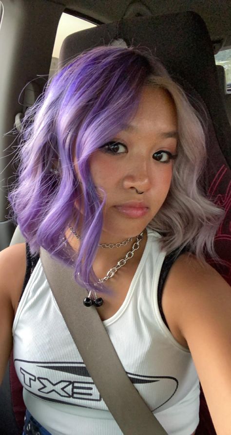 New hairrr :) Purple And White Hair Split, Half Blonde Half Purple Hair, Purple And White Hair, Pretty Dyed Hair, Purple Grey Hair, Hippie Makeup, Lady Locks, Unnatural Hair Color, Cool Hair Ideas