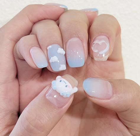 Nail Designs Birthday Ideas Simple, Cute Nails Sanrio, Cinnamonroll Nails Designs, Sanrio Nails Simple, Sanrio Nails Short, Nails With Blue And White, Cinnamoroll Nail Art, Korea Nail Art, Nails With Blue