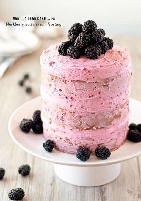 Vanilla Bean Cake with Blackberry Buttercream Frosting Frosting Photography, Blackberry Buttercream Frosting, Cake Blackberry, Blackberry Buttercream, Vanilla Bean Cake, Gourmet Bakery, Simple Cakes, Vanilla Bean Cakes, Bean Cake