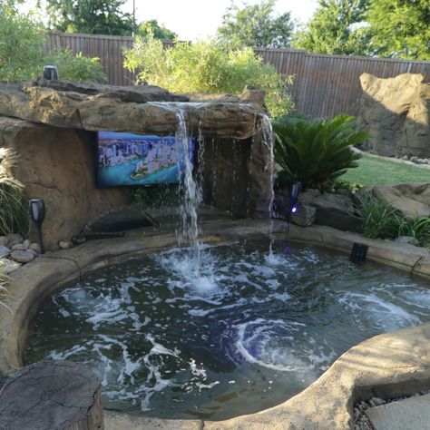 Amazing Hot Tubs, Large Inground Hot Tub, Inground Pool With Hot Tub Rock Waterfall, Waterfall Hot Tub, Pools With Hot Tubs Waterfall, Underground Pools Backyard, Hot Tub Grotto, Grotto Hot Tub, Built In Spa Outdoor