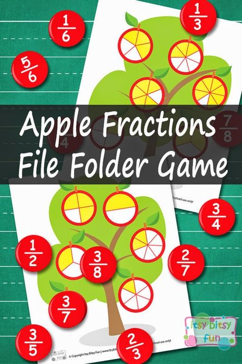 Apple Fractions, Fraction Games, Teaching Fractions, Fraction Activities, File Folder Activities, Learning Games For Kids, File Folder Games, Folder Games, Math Fractions