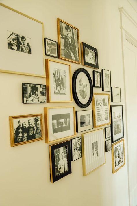 5 Tips for Hanging a Collected Family Photo Gallery Wall Photo Gallery Wall Different Frames, Over The Couch Gallery Wall, Gallery Wall Ideas Family Photos, Living Room Family Picture Wall, Family Wall Pictures Ideas, Gallery Wall Family Pictures, Family Photo Gallery Wall Ideas, Picture Frame Wall Collage, Family Photo Display Ideas