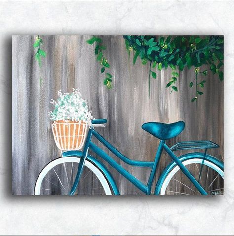 Blue Bicycle, Bicycle Painting, Cute Canvas Paintings, Paint Night, Soyut Sanat Tabloları, Bicycle Art, Canvas Painting Diy, Painting Blue, Small Canvas Art