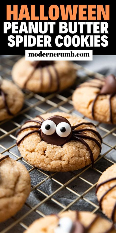 Trick or treat! These cute Halloween spider peanut butter cookies are bound to be the talk of the party on October 31st. A chewy peanut butter cookie topped with a hershey kiss and eight semi-sweet chocolate spider legs. Halloween Peanut Butter Blossoms, Halloween Snickerdoodles, Peanut Butter Blossom Cookies Recipe, Peanut Butter Halloween Cookies, Halloween Peanut Butter Cookies, Peanut Butter Cookies Halloween, Halloween Blossom Cookies, Easy Halloween Baked Goods, Skeleton Desserts