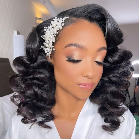 Black Wedding Hairstyle for Wearing Hair Down Black Hair Bridal Hairstyles, Black Hair Wedding Styles, Black Wedding Hairstyles For Bride, Wedding Hairstyles For Black Hair, African American Bride Hairstyles, Black Bridal Hair, Black Wedding Hair, Black Wedding Makeup, Black Women Wedding Hairstyles