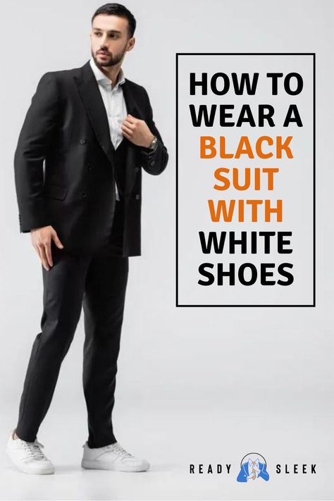 Take your black suit game up a notch with this unexpected shoe pairing! Learn how to confidently rock white shoes with your black suit and make a bold fashion statement. Click to read more. Image From Deposit Photos #mensfashion #blackandsuit #whiteshoes #formalwear #styletips #fashionadvice #menswear #outfitideas #fashionblog #mensstyle Black Suit With White Sneakers Men, Black Suit With Sneakers Men, Black Suit White Sneakers, Tux With Sneakers, Boys Homecoming Outfits, White Shoes Outfit Men, Black Shirt Dress Outfit, Black Suit White Shirt, White Gym Shoes