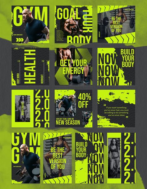 Gym or Fitness Club Instagram Post and Story Templates PSD Club Social Media, Facebook Poster, Gym Poster, Social Templates, Workout Posters, Instagram Fitness, Instagram Grid, Sports Graphics, Instagram Layout