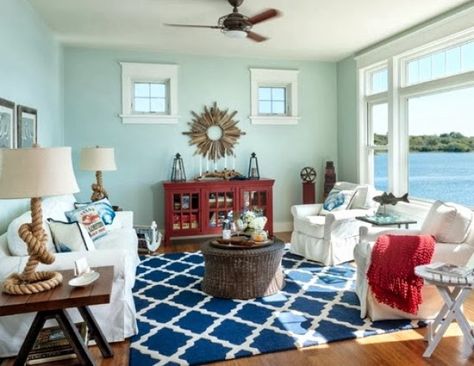 nautical-cottage-living-room-shopping Nautical Decor Living Room, Johnson House, Beach Theme Living Room, Deco Marine, Nautical Living Room, Beach Living Room, House Of Turquoise, Comfy Living Room, Cottage Living Rooms