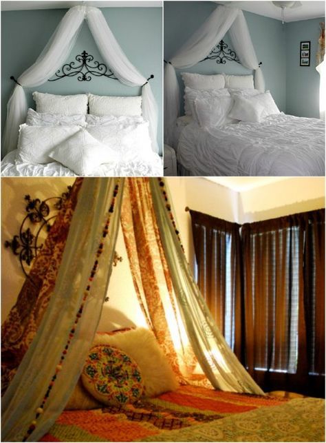 Sleep in Absolute Luxury with these 23 Gorgeous DIY Bed Canopy Projects - DIY & Crafts Canopy For Bed, Bed Canopy With Lights, Canopy Over Bed, Wall Canopy, Bed Drapes, Simple Bed Designs, Canopy Bed Diy, Canopy Curtains, Canopy Bedroom