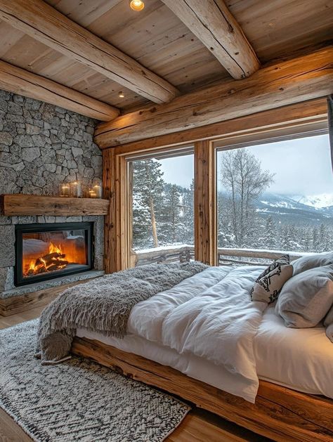 Classy Cabin Interior, Luxury Log Cabin Interior, Cabin Home Aesthetic, Cute Cabin Interior, Romantic Cabin Bedroom, Cozy Cabin Bedroom Ideas, Cabins In The Woods Interior, Interior Log Cabin, Log Cabin Bedroom Ideas