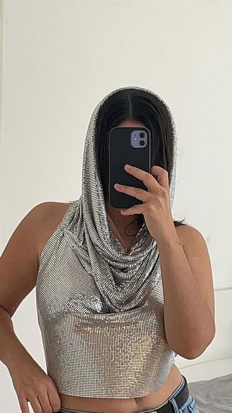 Metalic Top Outfits, Chrome Festival Outfit, Hooded Rave Outfit, Metallic Festival Outfit, Metallic Rave Outfits, Chainmail Top Outfit, Space Rave Outfit, Cool Festival Outfits, Nye Rave Outfit