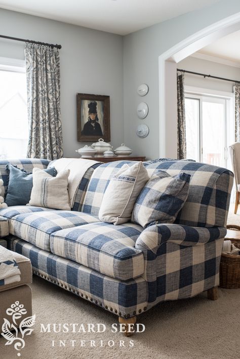 Check Sofa Living Room, Blue Plaid Chairs Living Room, Blue Plaid Couch Living Room, Blue Plaid Couch, Family Room Updates Decorating Ideas, Blue And White Farmhouse Living Room, Blue Buffalo Plaid Decor, Plaid Couch Living Room Country Style, Plaid Sofa Living Room