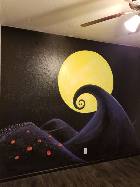 Nightmare Before Christmas Wall Painting, Nightmare Before Christmas Wall Art, Nightmare Before Christmas Nursery Theme, Jack And Sally Bedroom Ideas, The Nightmare Before Christmas Bedroom, Tim Burton Nursery Theme, The Night Before Christmas Drawings, Tim Burton Aesthetic Bedroom, Nightmare Before Christmas Mural